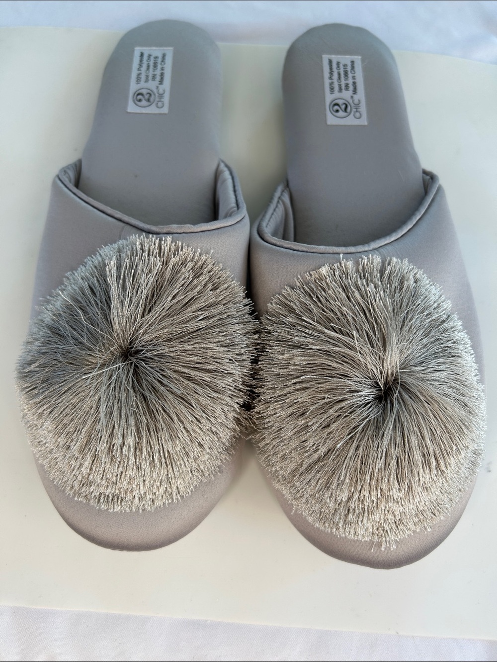 2 CHIC x Halluci Satin Tassel Pom-Pom Slippers - Grey (EU 38/39 / US 7.5–8.5)